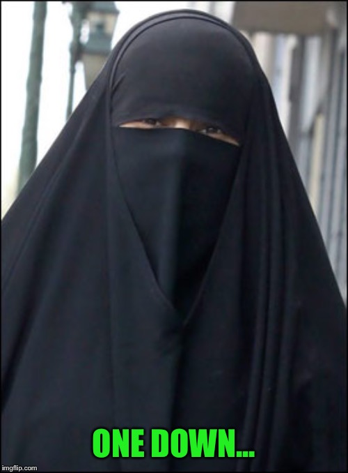 Burka Wearing Muslim Women | ONE DOWN... | image tagged in burka wearing muslim women | made w/ Imgflip meme maker