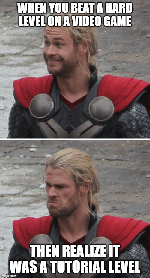 Thor video game | WHEN YOU BEAT A HARD LEVEL ON A VIDEO GAME; THEN REALIZE IT WAS A TUTORIAL LEVEL | image tagged in thor happy then sad,video games,memes | made w/ Imgflip meme maker
