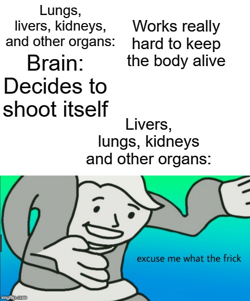Brain stupid | Lungs, livers, kidneys, and other organs:; Works really hard to keep the body alive; Brain: Decides to shoot itself; Livers, lungs, kidneys and other organs: | image tagged in blank white template,funny,memes,organ,brain,excuse me wtf | made w/ Imgflip meme maker