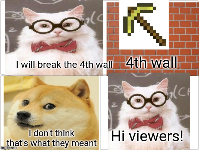 Blank Comic Panel 2x2 | 4th wall; I will break the 4th wall; I don't think that's what they meant; Hi viewers! | image tagged in memes,blank comic panel 2x2 | made w/ Imgflip meme maker