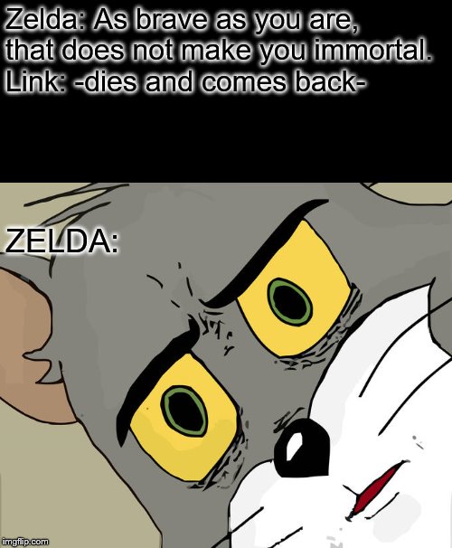 Unsettled Tom Meme | Zelda: As brave as you are, that does not make you immortal.
Link: -dies and comes back- ZELDA: | image tagged in memes,unsettled tom | made w/ Imgflip meme maker