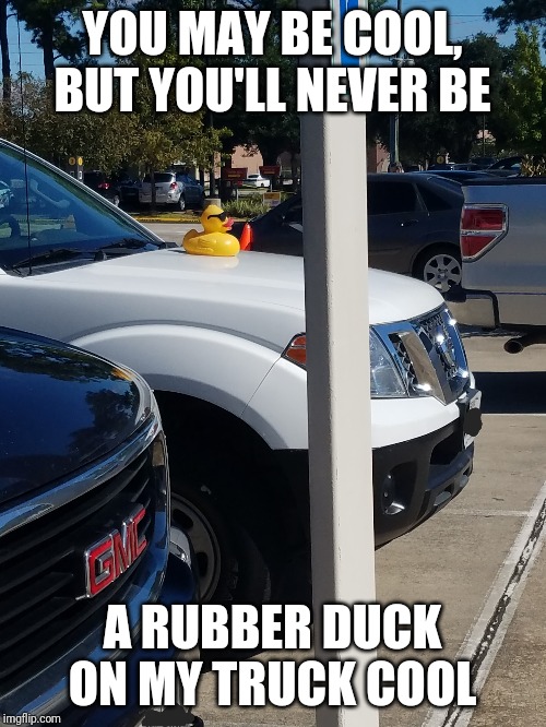 Cool duck | YOU MAY BE COOL, BUT YOU'LL NEVER BE; A RUBBER DUCK ON MY TRUCK COOL | image tagged in memes | made w/ Imgflip meme maker