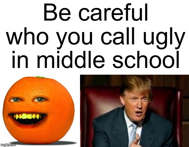Annoying orange | Be careful who you call ugly in middle school | image tagged in donald trump,blank white template,annoying orange,funny,memes,be careful who you call ugly in middle school | made w/ Imgflip meme maker