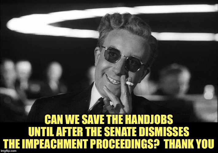 Doctor Strangelove says... | CAN WE SAVE THE HANDJOBS UNTIL AFTER THE SENATE DISMISSES THE IMPEACHMENT PROCEEDINGS?  THANK YOU | image tagged in doctor strangelove says | made w/ Imgflip meme maker