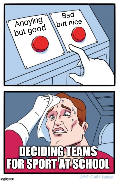 Two Buttons | Bad but nice; Anoying but good; DECIDING TEAMS FOR SPORT AT SCHOOL | image tagged in memes,two buttons | made w/ Imgflip meme maker