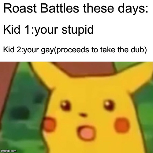 Surprised Pikachu Meme | Roast Battles these days:; Kid 1:your stupid; Kid 2:your gay(proceeds to take the dub) | image tagged in memes,surprised pikachu | made w/ Imgflip meme maker