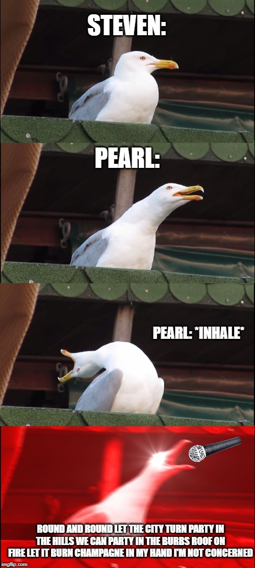 Inhaling Seagull Meme | STEVEN:; PEARL:; PEARL: *INHALE*; ROUND AND ROUND LET THE CITY TURN PARTY IN THE HILLS WE CAN PARTY IN THE BURBS ROOF ON FIRE LET IT BURN CHAMPAGNE IN MY HAND I'M NOT CONCERNED | image tagged in memes,inhaling seagull | made w/ Imgflip meme maker