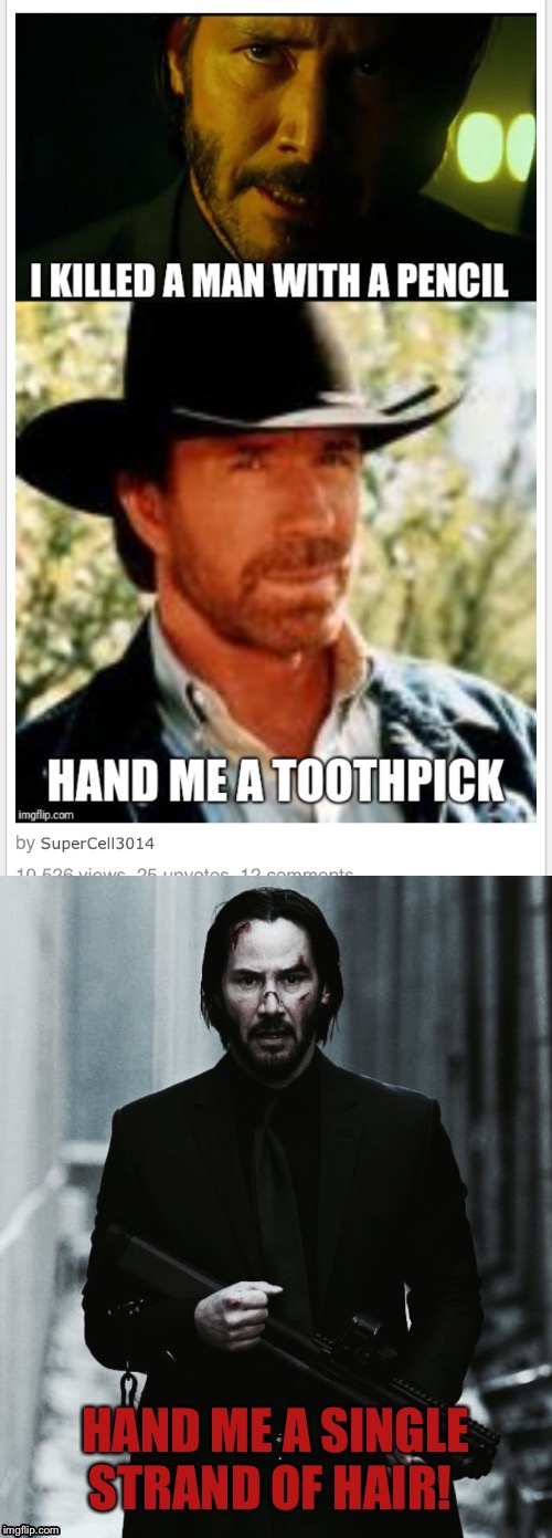 chuck norris is stupid! John Wick is the most awesomest and he always will be. Don't even compare the two! Seriously! | HAND ME A SINGLE STRAND OF HAIR! | image tagged in john wick,memes,truth,legendary | made w/ Imgflip meme maker