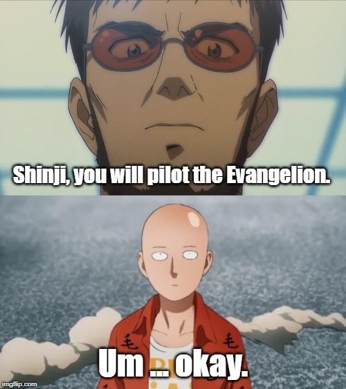 One-Punch-Evangelion | Shinji, you will pilot the Evangelion. Um ... okay. | image tagged in one punch man,neon genesis evangelion | made w/ Imgflip meme maker