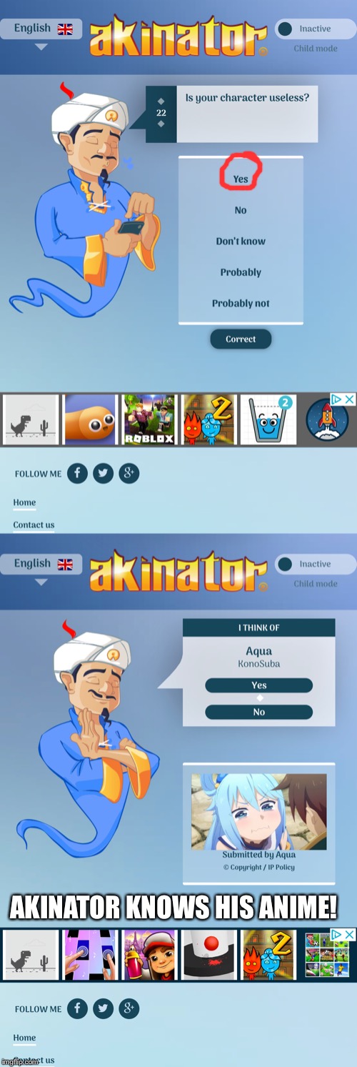 AKINATOR KNOWS HIS ANIME! | made w/ Imgflip meme maker