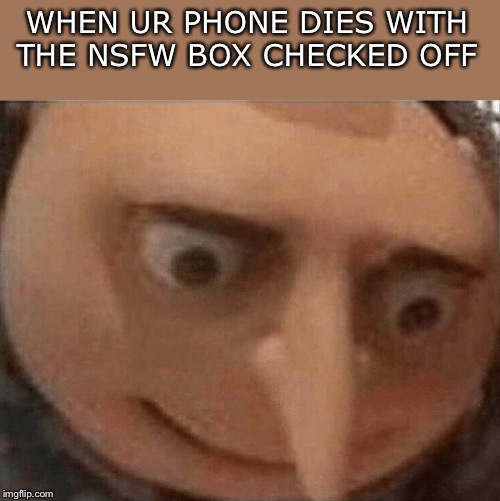 uh oh Gru | WHEN UR PHONE DIES WITH THE NSFW BOX CHECKED OFF | image tagged in uh oh gru,uh oh,memes,dank memes,first page | made w/ Imgflip meme maker
