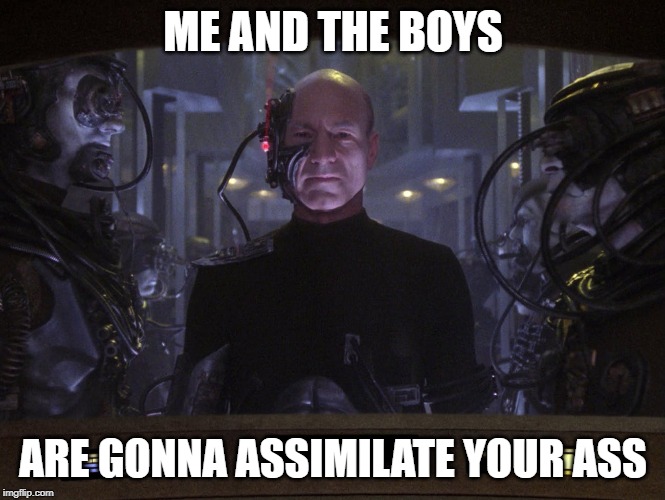 Resistance is Futile | ME AND THE BOYS; ARE GONNA ASSIMILATE YOUR ASS | image tagged in locutus of borg | made w/ Imgflip meme maker