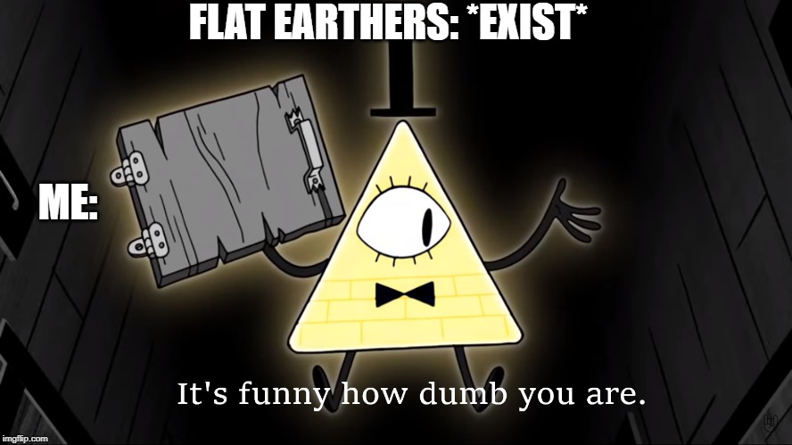 It's Funny How Dumb You Are Bill Cipher | FLAT EARTHERS: *EXIST*; ME: | image tagged in it's funny how dumb you are bill cipher | made w/ Imgflip meme maker