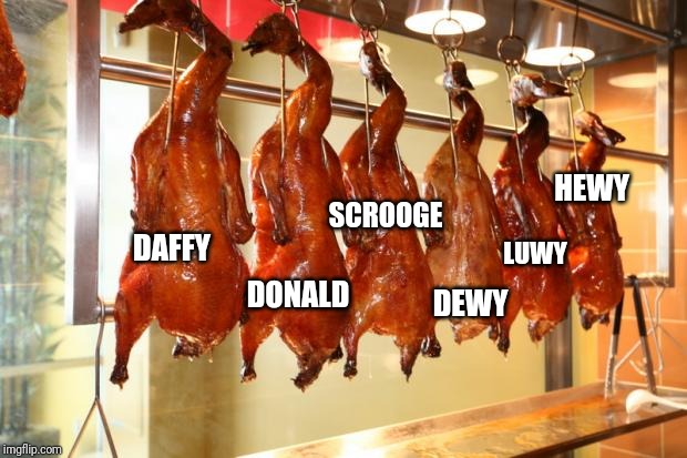 When the Hollywood ducks qent to china to support the government | SCROOGE; HEWY; LUWY; DAFFY; DEWY; DONALD | image tagged in roast duck | made w/ Imgflip meme maker