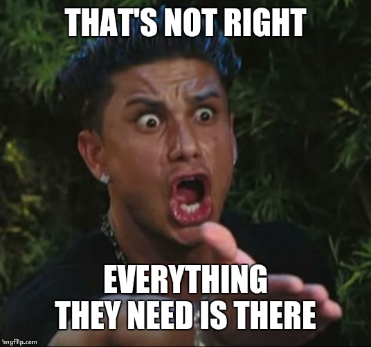 DJ Pauly D Meme | THAT'S NOT RIGHT EVERYTHING THEY NEED IS THERE | image tagged in memes,dj pauly d | made w/ Imgflip meme maker