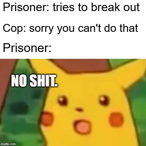 Surprised Pikachu | Prisoner: tries to break out; Cop: sorry you can't do that; Prisoner:; NO SHIT. | image tagged in memes,surprised pikachu | made w/ Imgflip meme maker