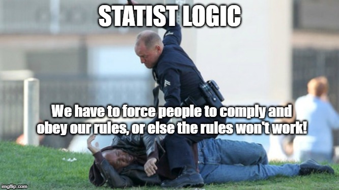Cop Beating | STATIST LOGIC; We have to force people to comply and obey our rules, or else the rules won't work! | image tagged in cop beating | made w/ Imgflip meme maker