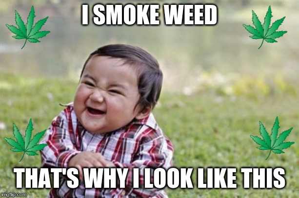 Evil Toddler | I SMOKE WEED; THAT'S WHY I LOOK LIKE THIS | image tagged in memes,evil toddler | made w/ Imgflip meme maker