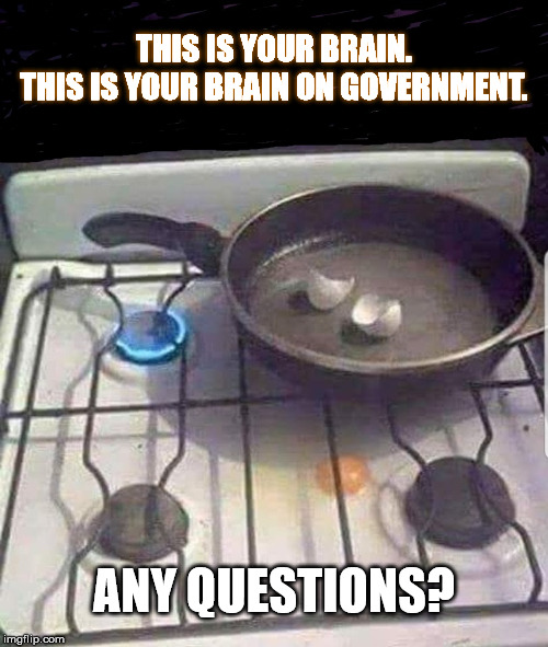 This is your brain on government. | THIS IS YOUR BRAIN.
THIS IS YOUR BRAIN ON GOVERNMENT. ANY QUESTIONS? | image tagged in liberty,big government,conspiracy,government corruption | made w/ Imgflip meme maker
