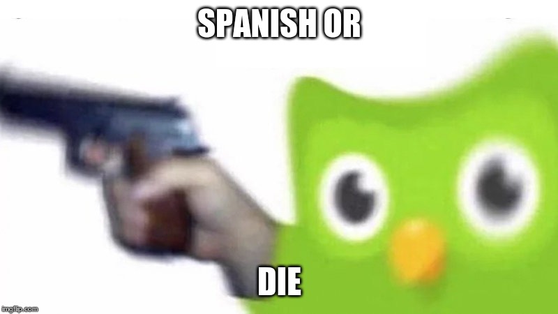 duolingo gun | SPANISH OR DIE | image tagged in duolingo gun | made w/ Imgflip meme maker