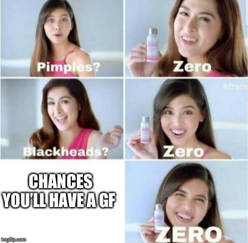 Pimples, Zero! | CHANCES YOU’LL HAVE A GF | image tagged in pimples zero | made w/ Imgflip meme maker