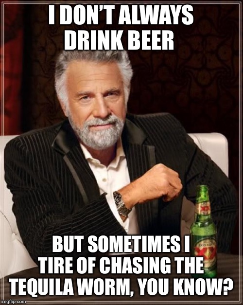 The Most Interesting Man In The World Meme | I DON’T ALWAYS DRINK BEER; BUT SOMETIMES I TIRE OF CHASING THE TEQUILA WORM, YOU KNOW? | image tagged in memes,the most interesting man in the world | made w/ Imgflip meme maker