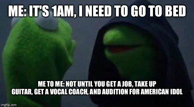 kermit me to me | ME: IT'S 1AM, I NEED TO GO TO BED; ME TO ME: NOT UNTIL YOU GET A JOB, TAKE UP GUITAR, GET A VOCAL COACH, AND AUDITION FOR AMERICAN IDOL | image tagged in kermit me to me | made w/ Imgflip meme maker