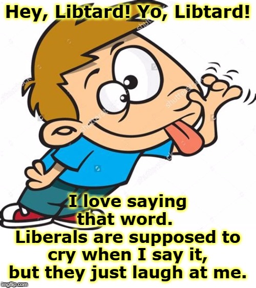 The word "libtard" is supposed to wound liberals. It doesn't. We just laugh. It sounds desperate & weak. Same with "snowflake." | Hey, Libtard! Yo, Libtard! I love saying that word. 
Liberals are supposed to cry when I say it, but they just laugh at me. | image tagged in libtard,moron,cretin,idiot,imbecile,fool | made w/ Imgflip meme maker