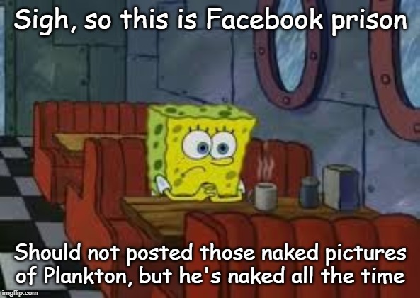 Sad Sponge Bob | Sigh, so this is Facebook prison; Should not posted those naked pictures of Plankton, but he's naked all the time | image tagged in sad sponge bob | made w/ Imgflip meme maker