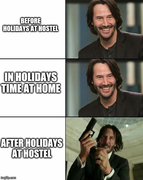 BEFORE HOLIDAYS AT HOSTEL; IN HOLIDAYS TIME AT HOME; AFTER HOLIDAYS AT HOSTEL | image tagged in student life | made w/ Imgflip meme maker