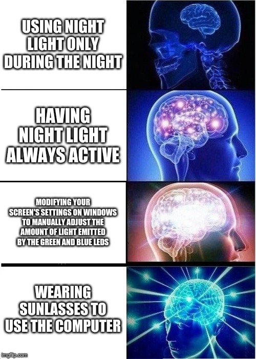 Expanding Brain | USING NIGHT LIGHT ONLY DURING THE NIGHT; HAVING NIGHT LIGHT ALWAYS ACTIVE; MODIFYING YOUR SCREEN'S SETTINGS ON WINDOWS TO MANUALLY ADJUST THE AMOUNT OF LIGHT EMITTED BY THE GREEN AND BLUE LEDS; WEARING SUNLASSES TO USE THE COMPUTER | image tagged in memes,expanding brain,computers | made w/ Imgflip meme maker