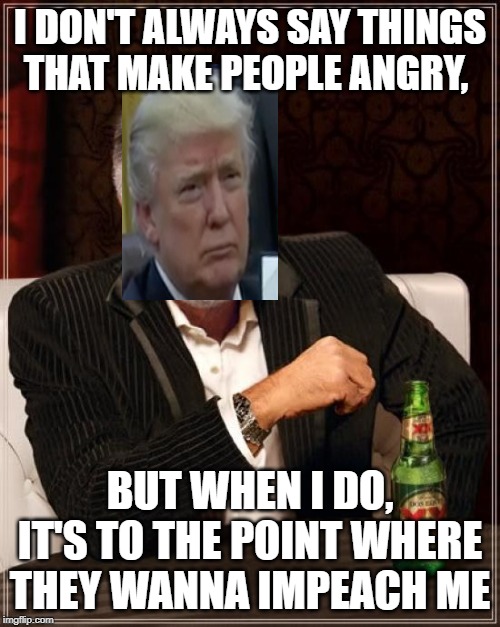 The Most Interesting Man In The World | I DON'T ALWAYS SAY THINGS THAT MAKE PEOPLE ANGRY, BUT WHEN I DO, IT'S TO THE POINT WHERE THEY WANNA IMPEACH ME | image tagged in memes,the most interesting man in the world | made w/ Imgflip meme maker