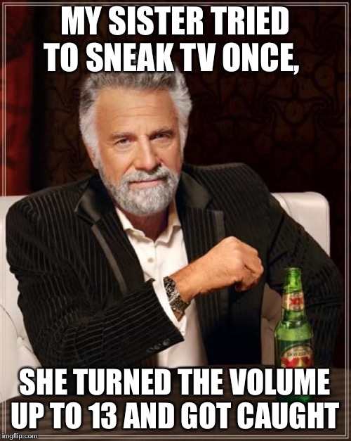 The Most Interesting Man In The World Meme | MY SISTER TRIED TO SNEAK TV ONCE, SHE TURNED THE VOLUME UP TO 13 AND GOT CAUGHT | image tagged in memes,the most interesting man in the world | made w/ Imgflip meme maker