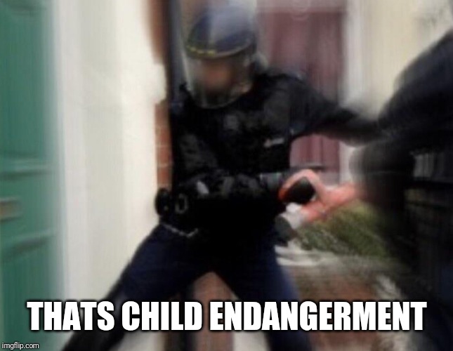 FBI Door Breach | THATS CHILD ENDANGERMENT | image tagged in fbi door breach | made w/ Imgflip meme maker