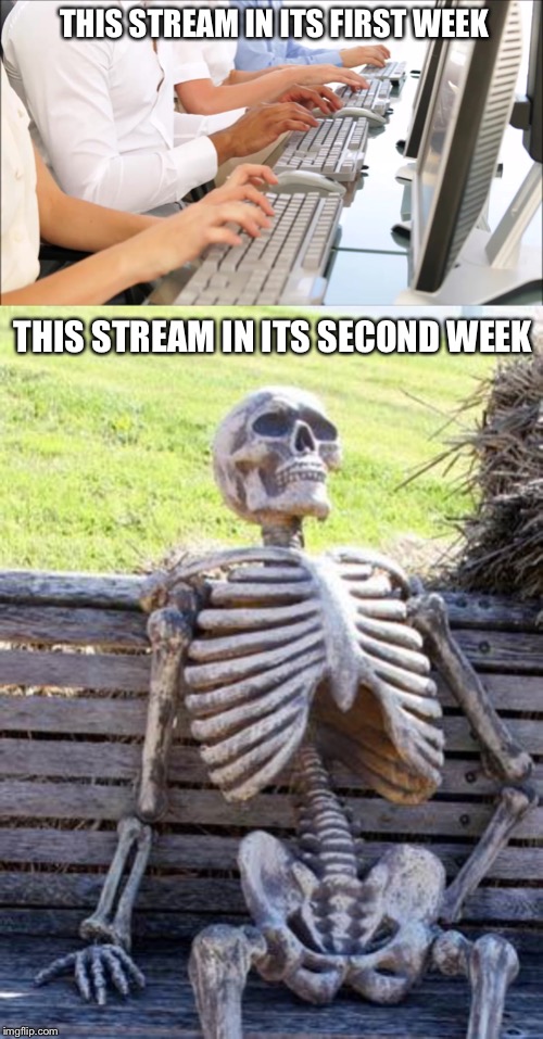 THIS STREAM IN ITS FIRST WEEK; THIS STREAM IN ITS SECOND WEEK | image tagged in memes,waiting skeleton | made w/ Imgflip meme maker