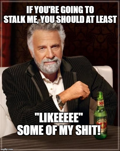 The Most Interesting Man In The World | IF YOU'RE GOING TO STALK ME, YOU SHOULD AT LEAST; "LIKEEEEE"
SOME OF MY SHIT! | image tagged in memes,the most interesting man in the world | made w/ Imgflip meme maker