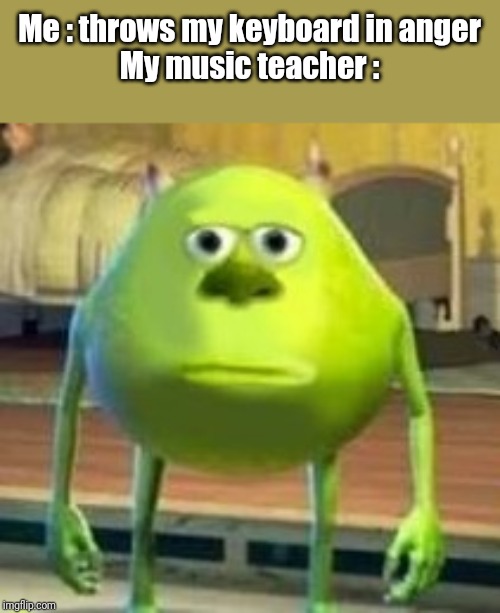 That could have someone's eye out! | Me : throws my keyboard in anger
My music teacher : | image tagged in mike with sully's face | made w/ Imgflip meme maker