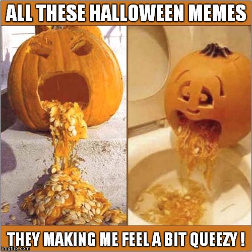 Halloween: Feelin' Queezy ! | ALL THESE HALLOWEEN MEMES; THEY MAKING ME FEEL A BIT QUEEZY ! | image tagged in fun,halloween | made w/ Imgflip meme maker