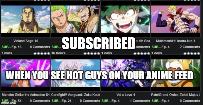 SUBSCRIBED; WHEN YOU SEE HOT GUYS ON YOUR ANIME FEED | image tagged in anime,hot guys | made w/ Imgflip meme maker