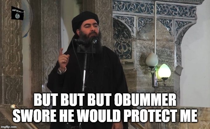 Abu Bakr al-Baghdadi | BUT BUT BUT OBUMMER SWORE HE WOULD PROTECT ME | image tagged in abu bakr al-baghdadi | made w/ Imgflip meme maker