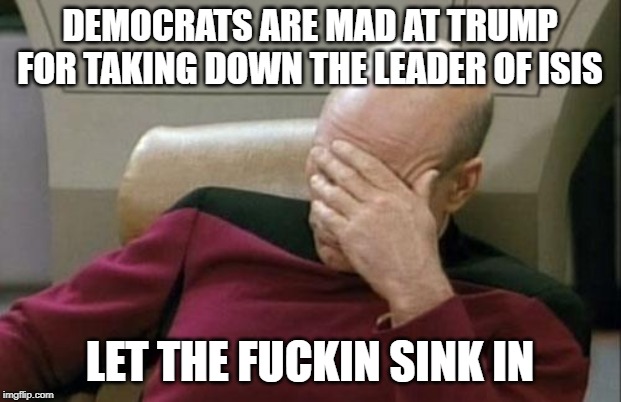 Captain Picard Facepalm Meme |  DEMOCRATS ARE MAD AT TRUMP FOR TAKING DOWN THE LEADER OF ISIS; LET THE FUCKIN SINK IN | image tagged in memes,captain picard facepalm | made w/ Imgflip meme maker