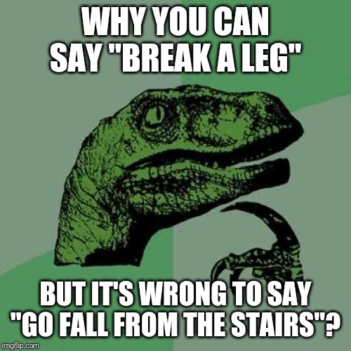 Philosoraptor Meme |  WHY YOU CAN SAY "BREAK A LEG"; BUT IT'S WRONG TO SAY "GO FALL FROM THE STAIRS"? | image tagged in memes,philosoraptor | made w/ Imgflip meme maker