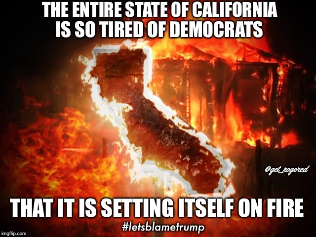 California is setting itself on fire | THE ENTIRE STATE OF CALIFORNIA; IS SO TIRED OF DEMOCRATS; @get_rogered; THAT IT IS SETTING ITSELF ON FIRE; #letsblametrump | image tagged in california is setting itself on fire | made w/ Imgflip meme maker