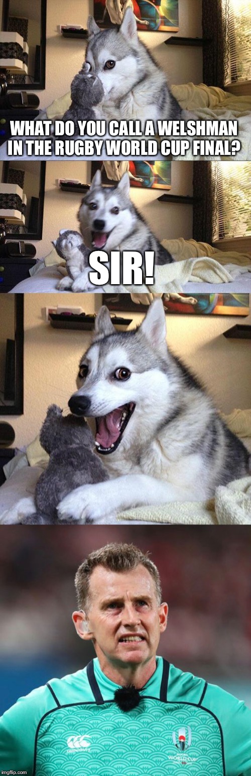 WHAT DO YOU CALL A WELSHMAN IN THE RUGBY WORLD CUP FINAL? SIR! | image tagged in memes,bad pun dog | made w/ Imgflip meme maker