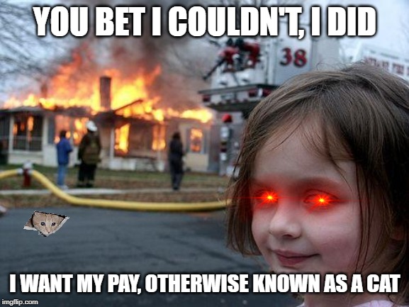 Disaster Girl | YOU BET I COULDN'T, I DID; I WANT MY PAY, OTHERWISE KNOWN AS A CAT | image tagged in memes,disaster girl | made w/ Imgflip meme maker