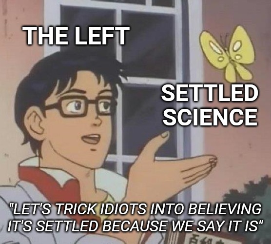 "There are more than two genders, climate change is real, and it isn't a human being until it's out of the womb." --The Left | THE LEFT; SETTLED SCIENCE; "LET'S TRICK IDIOTS INTO BELIEVING IT'S SETTLED BECAUSE WE SAY IT IS" | image tagged in memes,is this a pigeon | made w/ Imgflip meme maker