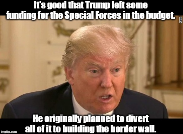 A close shave, that. | It's good that Trump left some funding for the Special Forces in the budget. He originally planned to divert all of it to building the border wall. | image tagged in trump stupid face,trump,mexico,border wall | made w/ Imgflip meme maker
