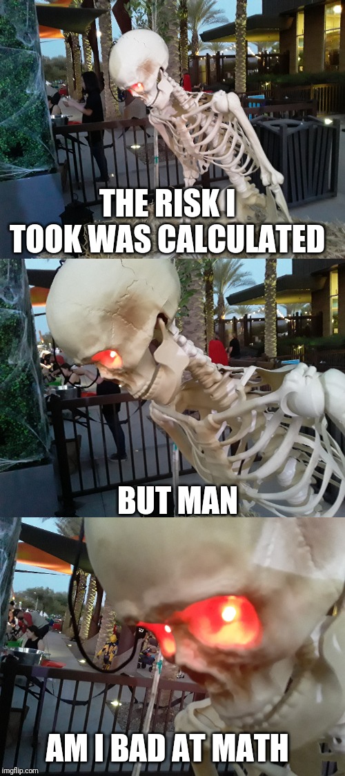 I made a new sequence! Who wants me to make this a template? | THE RISK I TOOK WAS CALCULATED; BUT MAN; AM I BAD AT MATH | image tagged in skeleton,spooky,spooktober,custom template,original meme | made w/ Imgflip meme maker