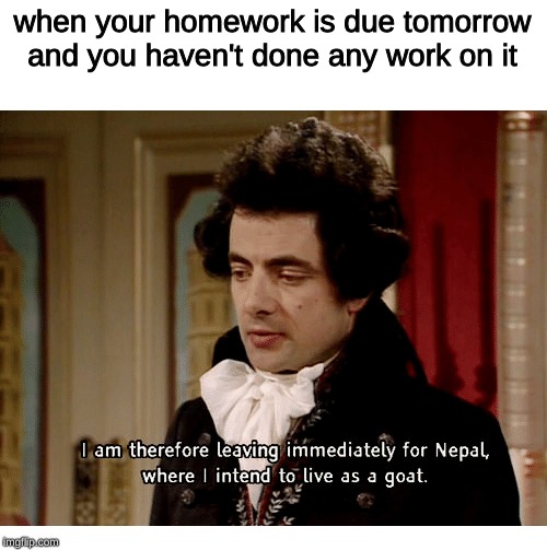 the most effective method, it worked for me! | when your homework is due tomorrow and you haven't done any work on it | image tagged in memes,nepal,goat,homework,blackadder | made w/ Imgflip meme maker