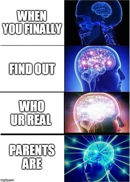 Expanding Brain Meme | WHEN YOU FINALLY; FIND OUT; WHO UR REAL; PARENTS ARE | image tagged in memes,expanding brain | made w/ Imgflip meme maker